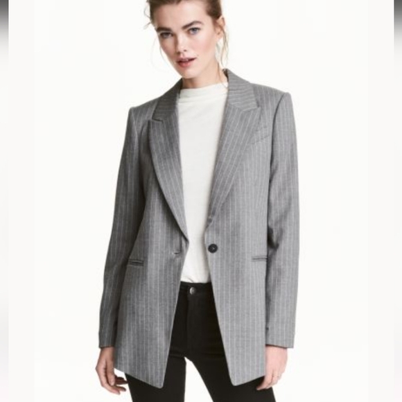 🆕H&M Pinstripe Long Jacket Blazer Grey & White Size 2 Women's - Picture 1 of 1